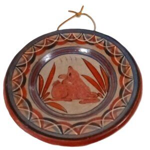 Vintage Tonala Mexico Burnished Clay 8" Hanging Plate Deer Decor Handpainted
